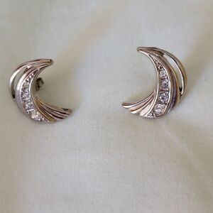 Vintage Silver Tone Crescent And Crystal Post Earrings